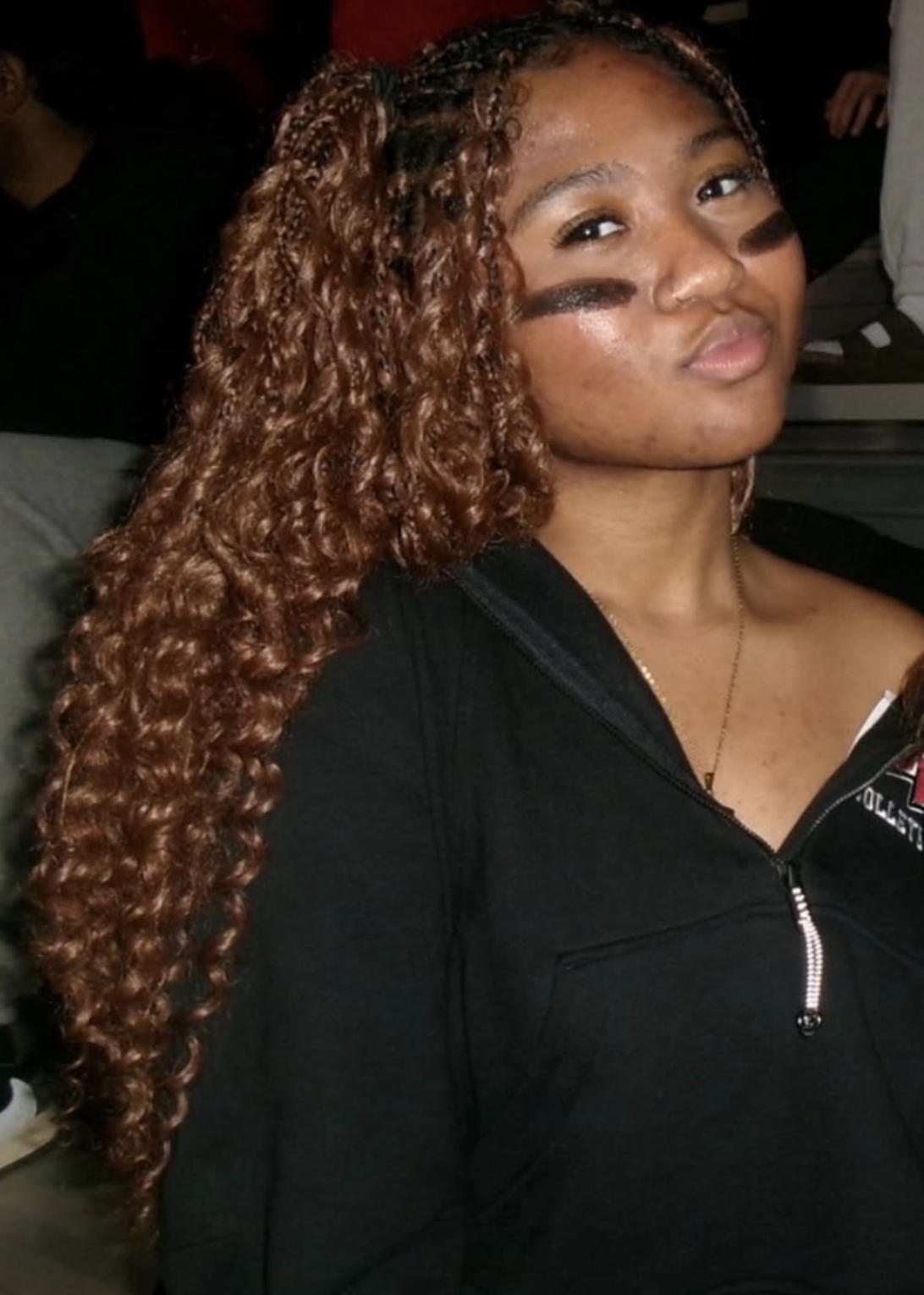 Auburn curly side-part braids — Gege Hair Salon, Schaumburg