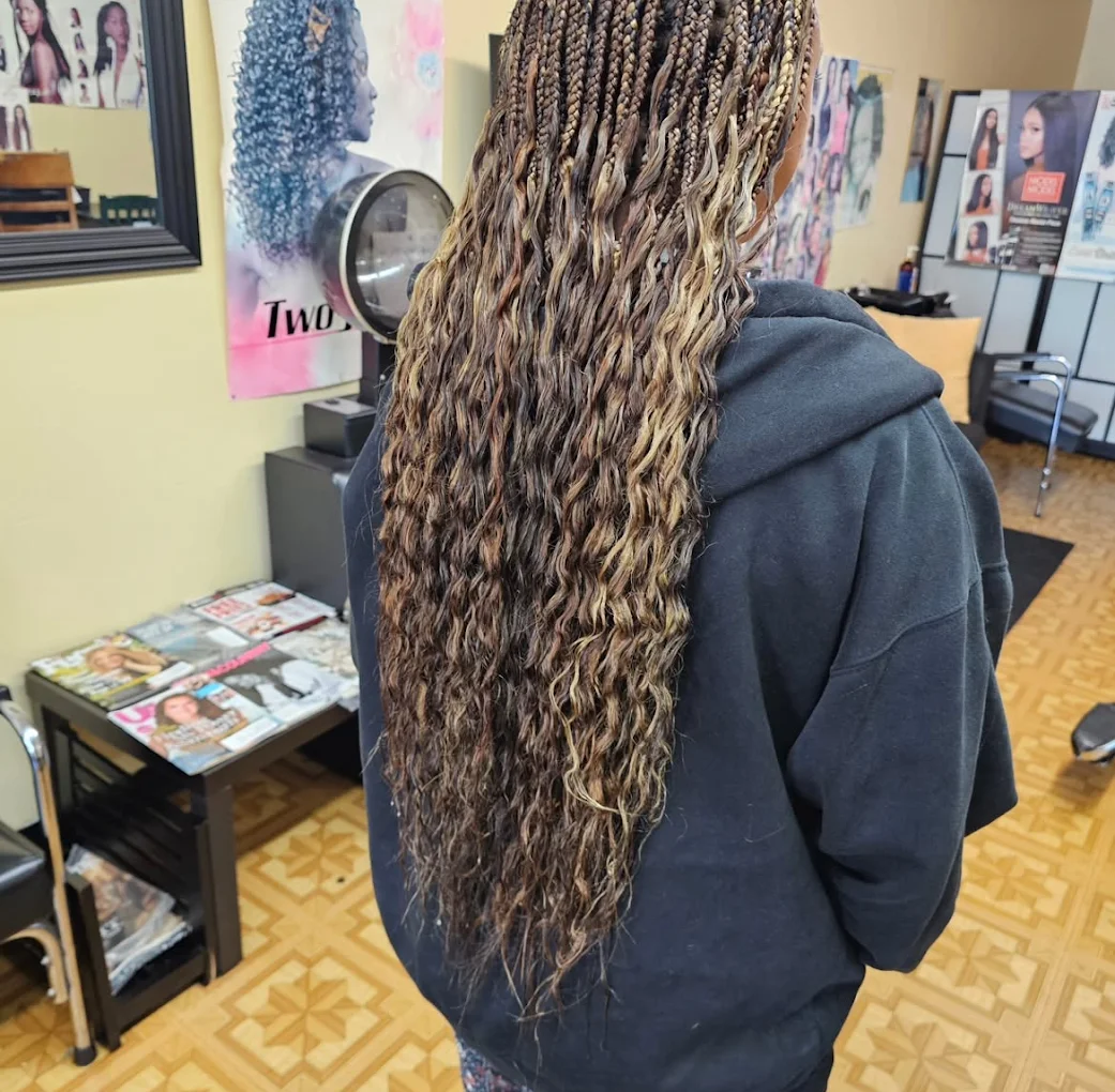 Caramel highlighted goddess braids — Gege Hair Salon, Schaumburg