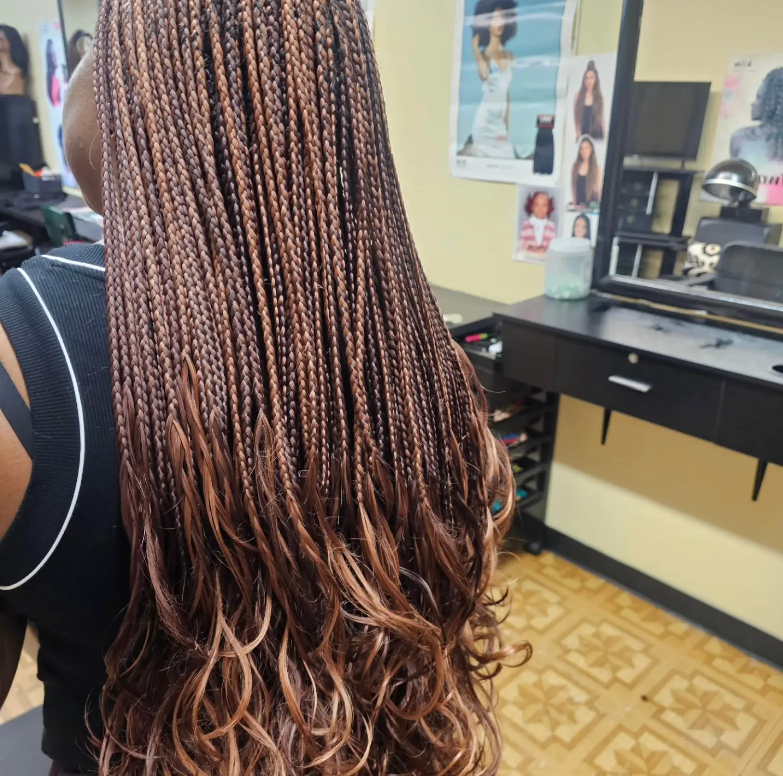 Auburn knotless braids with curled ends — Gege Hair Salon, Schaumburg