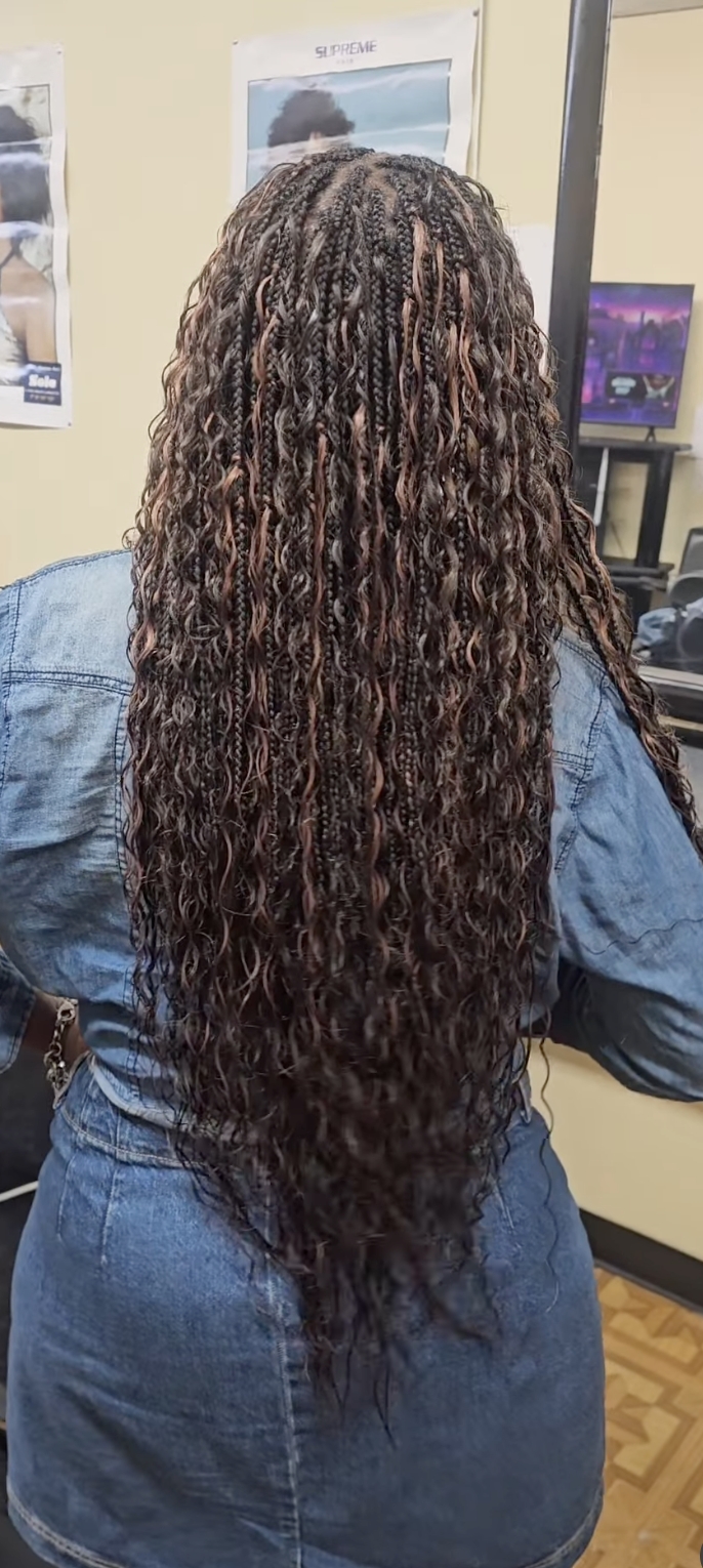 Boho knotless braids with human hair curls — Gege Hair Salon, Schaumburg